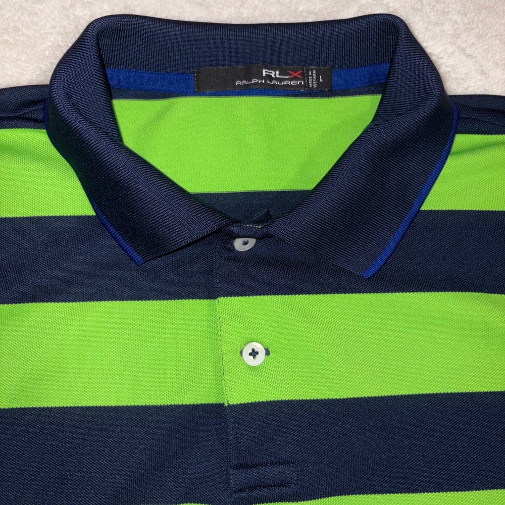 RLX RALPH LAUREN Polo Shirt Mens Large Green Navy Striped Performance Golf Tee - Picture 2 of 12